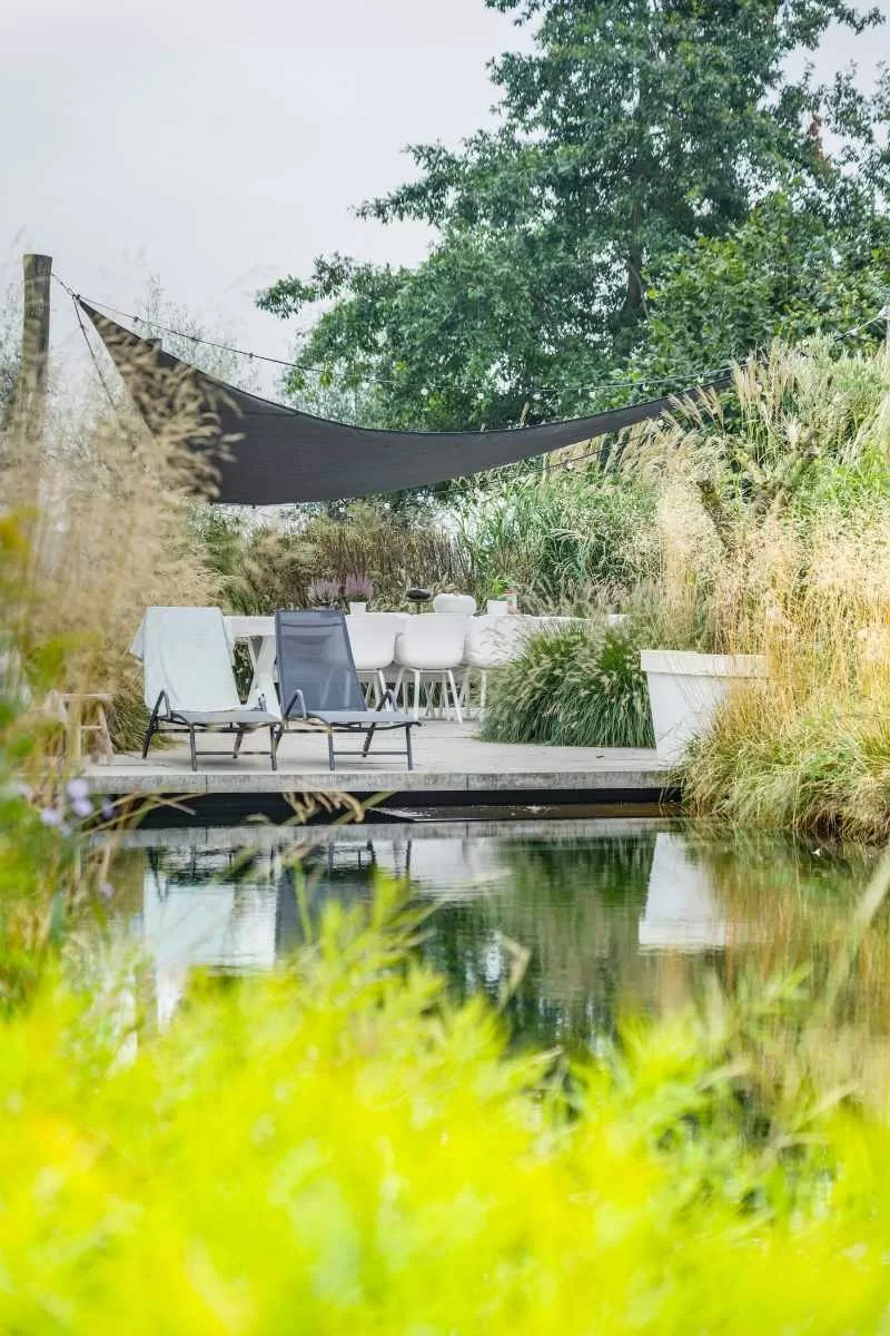 Zwemvijver met vlonderterras, loungestoelen en schaduwdoek in natuurlijke tuinomgeving